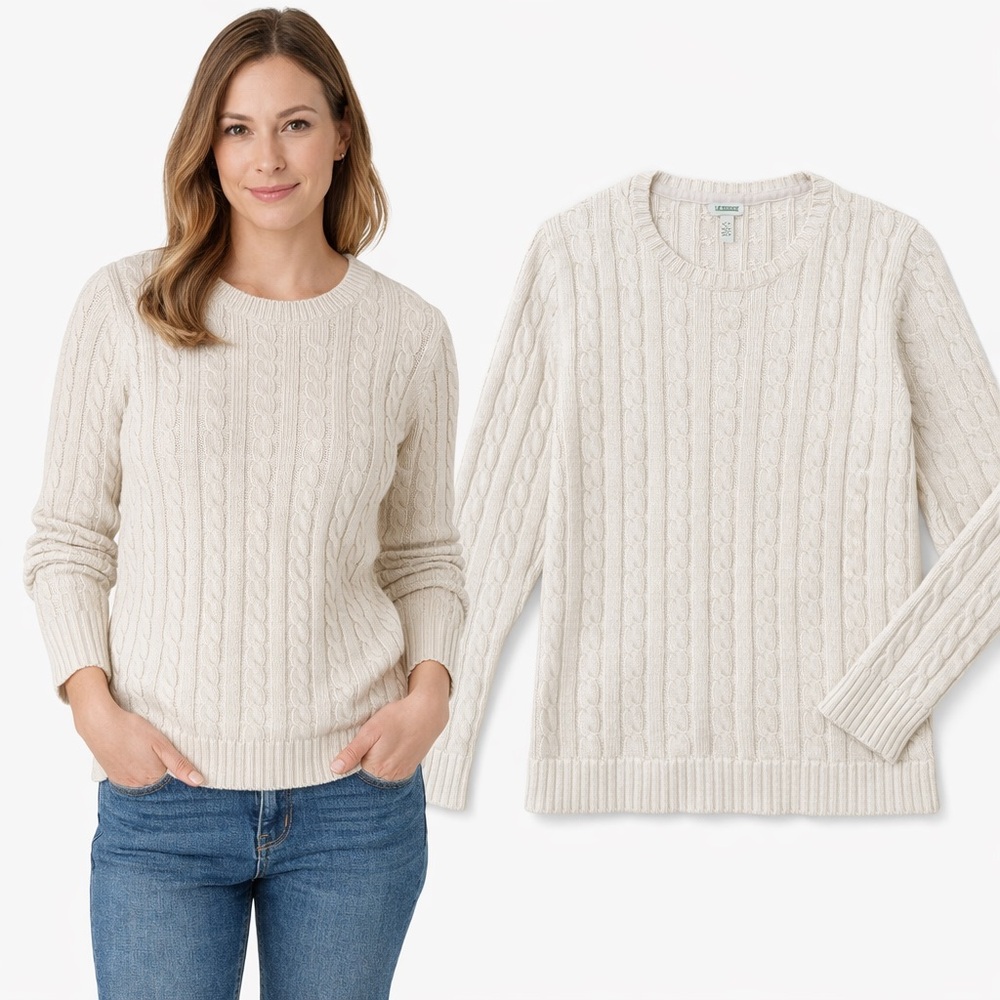 L.L.Bean Cable Knit Cotton Sweater Cream Women Medium